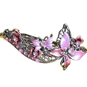VTG Fairy Pink Floral Rhinestone+Enamel Butterfly LG Hair Clip Silver 4”L